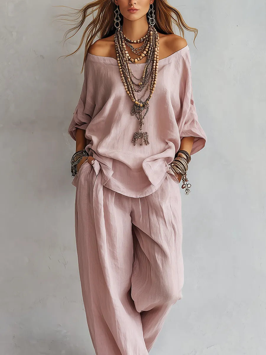 Casual Light Pink Linen Wide-leg Pants Set