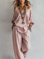 Casual Light Pink Linen Wide-leg Pants Set