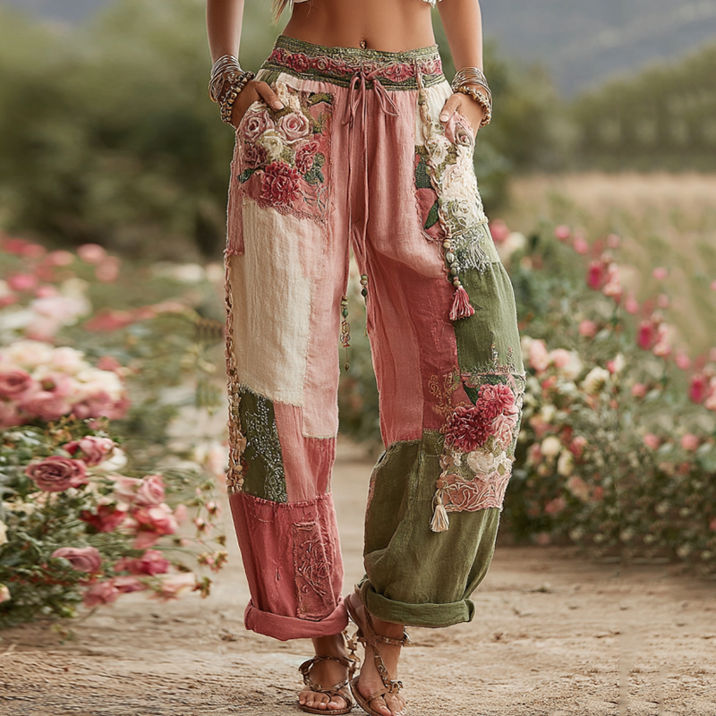 Love & Health Collection Retro Rose And Floral Patchwork Art Linen Pants