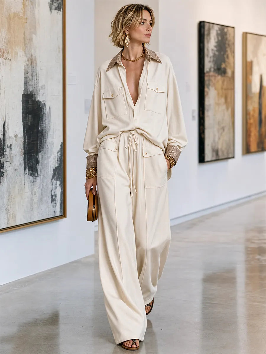 Effortless Chic Contrast Collar Shirt & Palazzo Pants Outfit Set