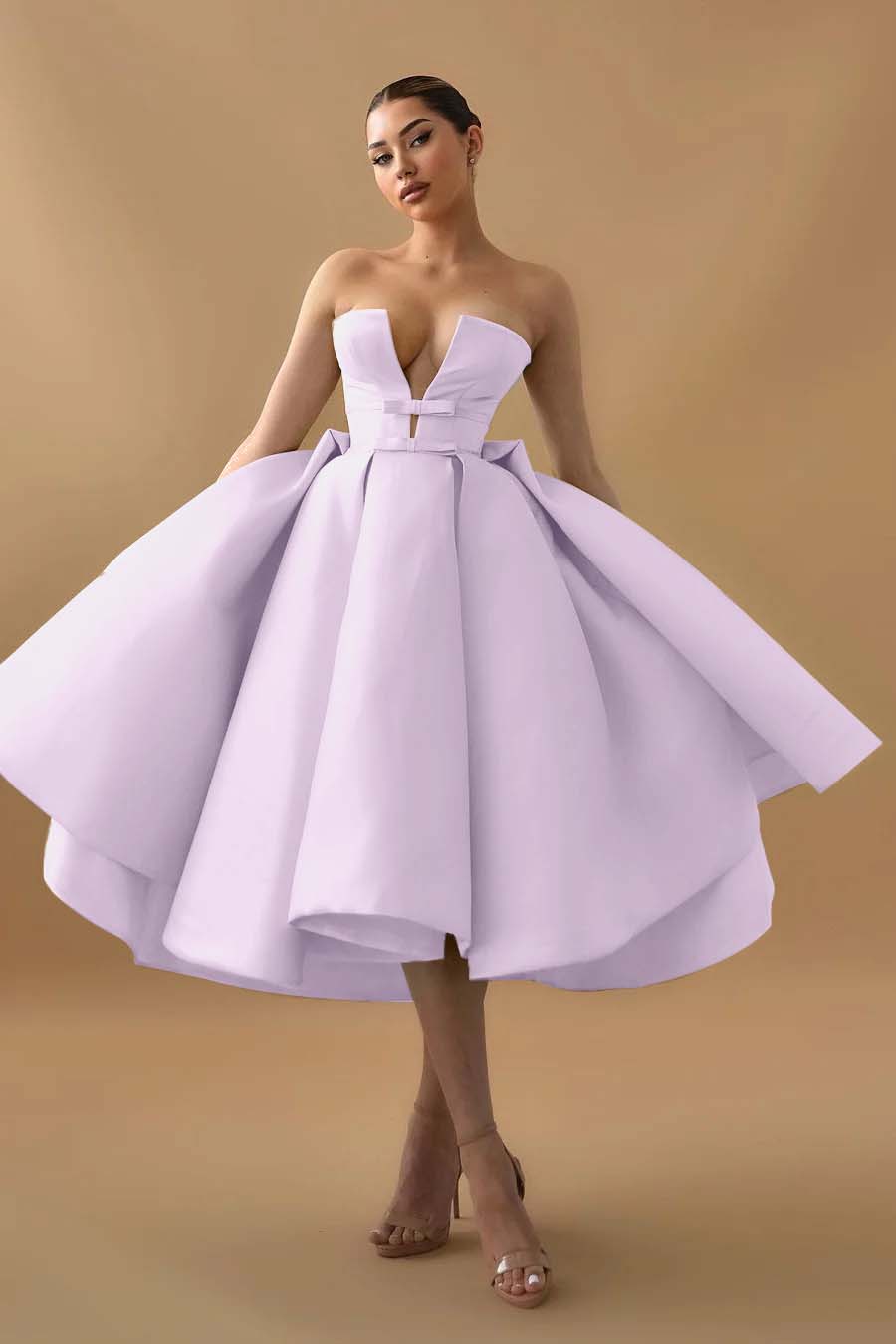 Cocoslly Chic Deep V Neck Strapless Sleeveless A-Line Homecoming Dress With Ruffles And Bow-knot | Mint Green Satin HC0078