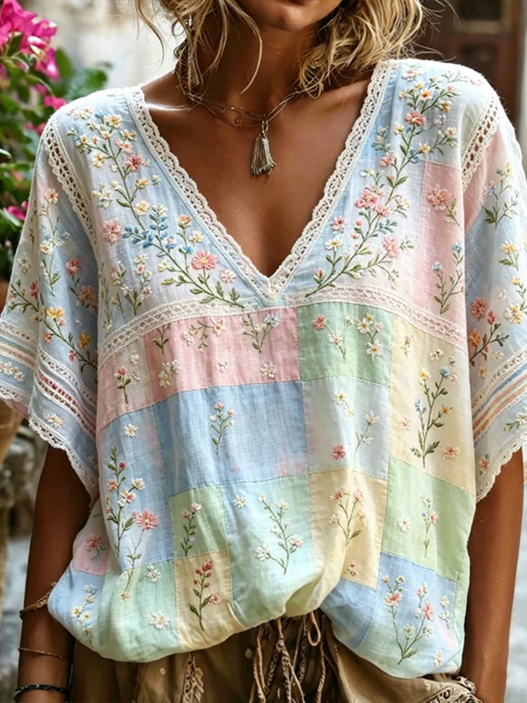 Women's Floral And Lace Art Embroidery Splicing Fresh Color Linen Comfortable Short Sleeve V-neck Top