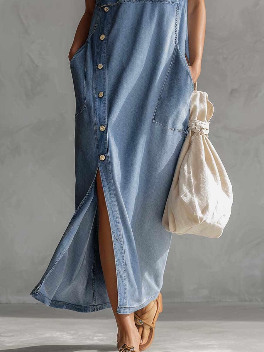 Exquisite Vintage Casual Hooded V-neck Zipper Side Slits Buttons Blue Denim Midi Dress