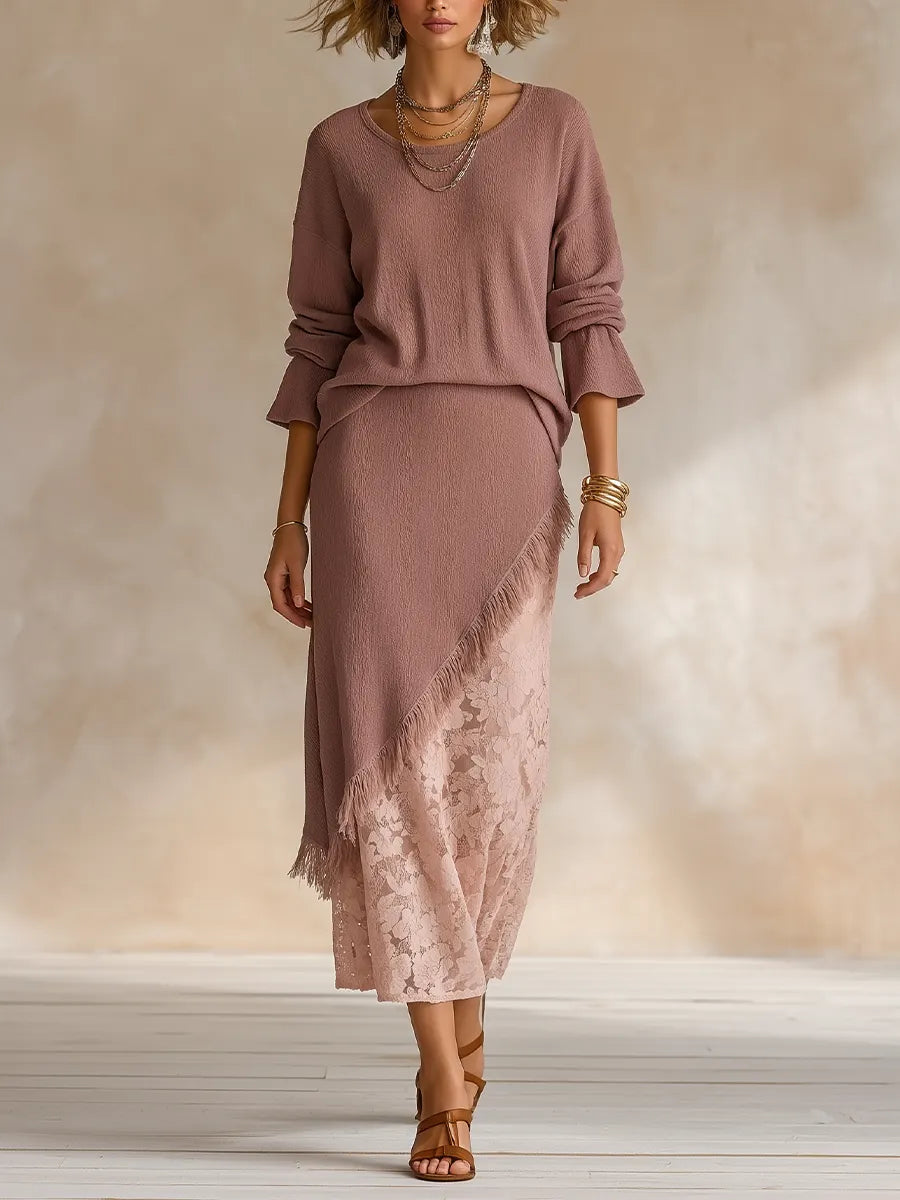 Earthy Boho Asymmetric Lace Panel Skirt Outfit Set