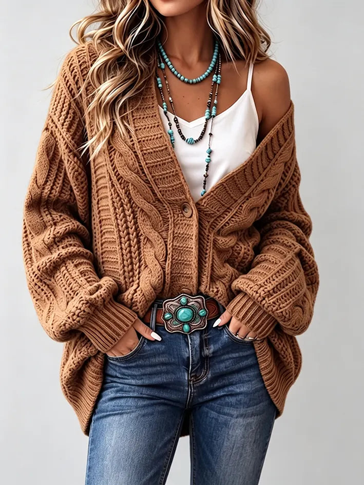 Retro Western Cable Knit Oversized Cardigan Sweater