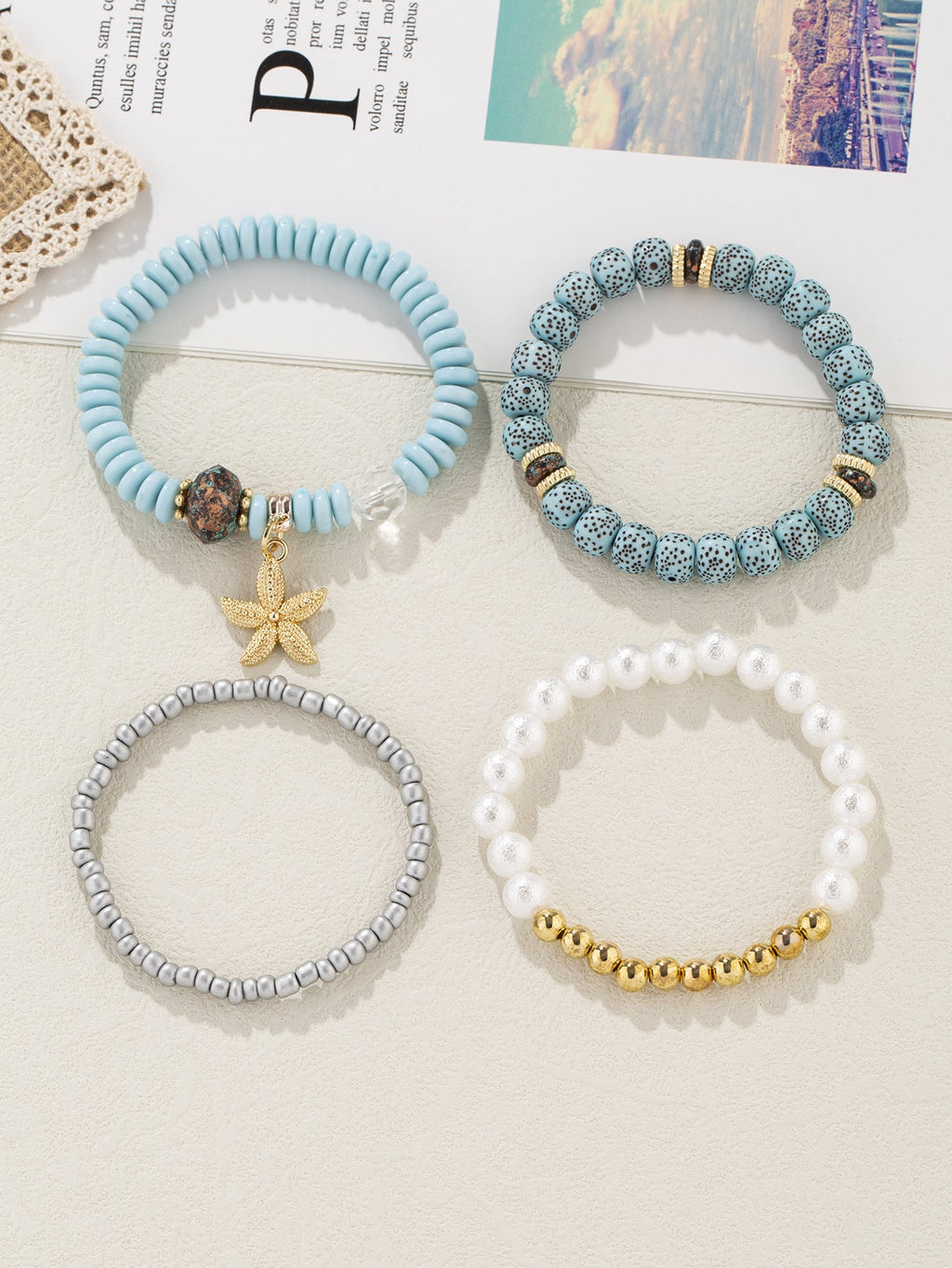 4pcs Starfish Pendant Beaded Bracelet Set Blue Color Hand String Jewelry Set Ocean Style