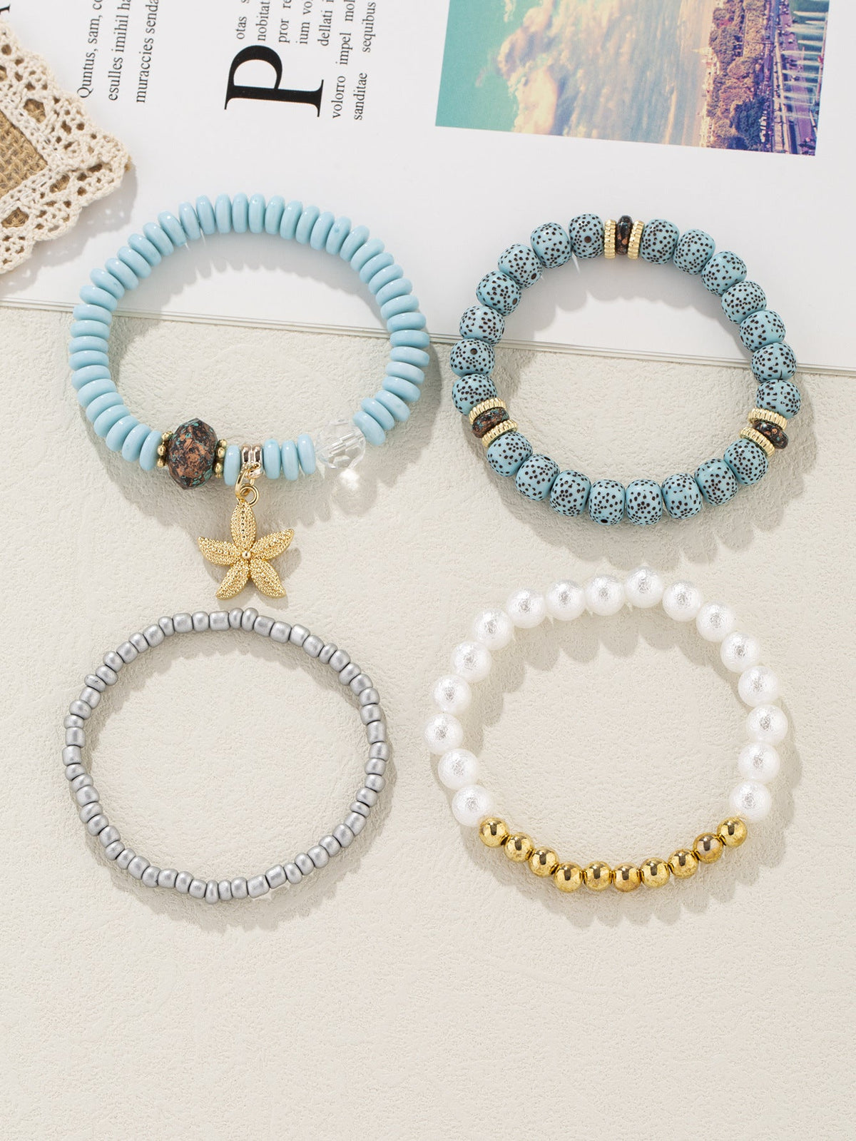 4pcs Starfish Pendant Beaded Bracelet Set Blue Color Hand String Jewelry Set Ocean Style