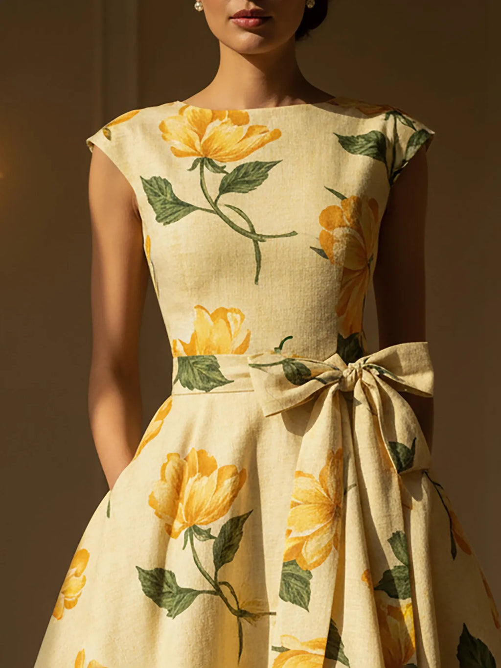 Midi Linen Dress, Cap Sleeves, Round Neck, Floral, Bow, Vintage, Yellow