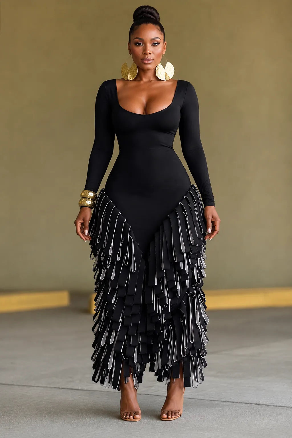 Long Sleeve U‐Neck Layered Fringe Maxi Dress