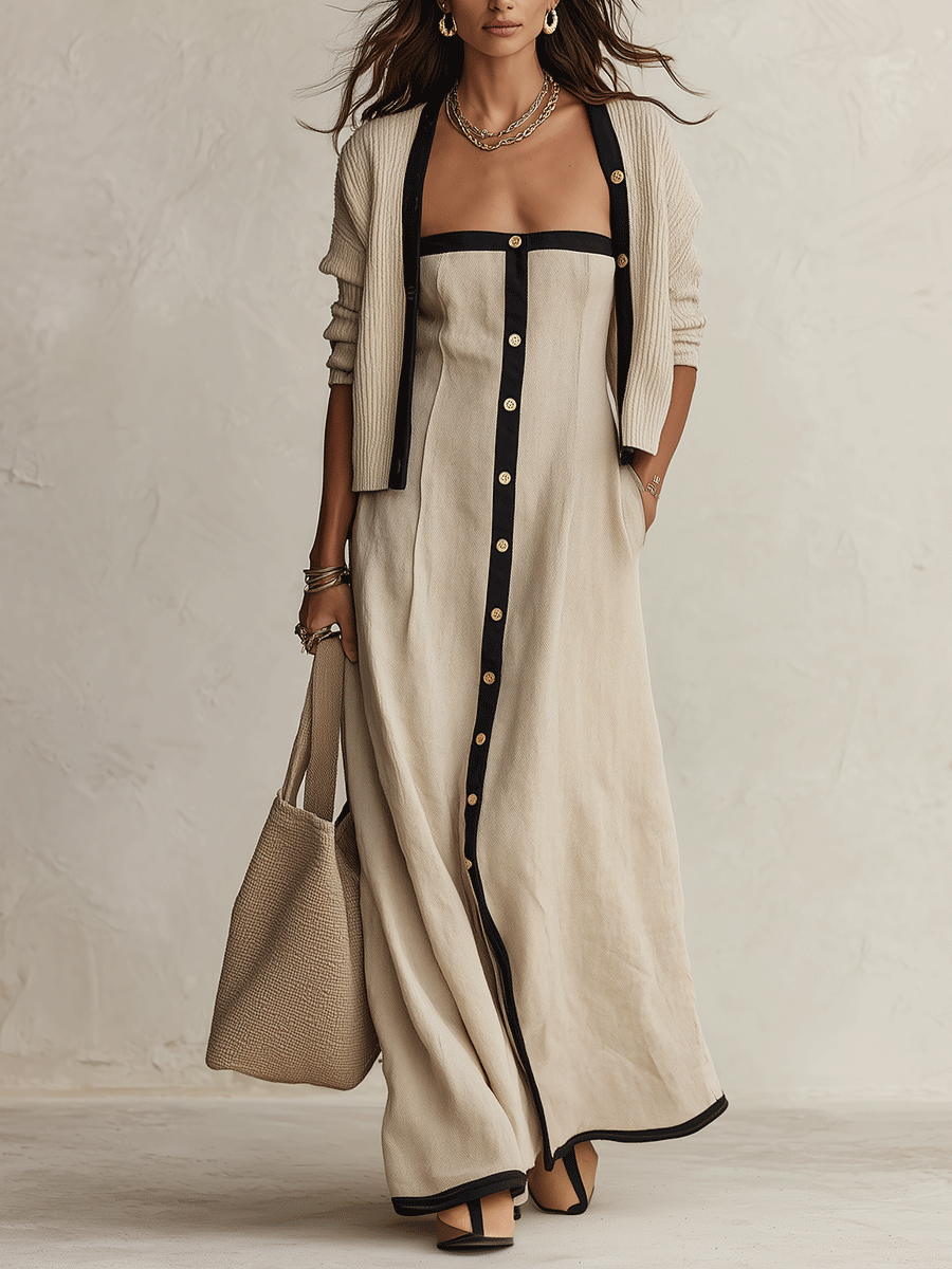Contrast-Trim Button-Front Linen Maxi Dress Set