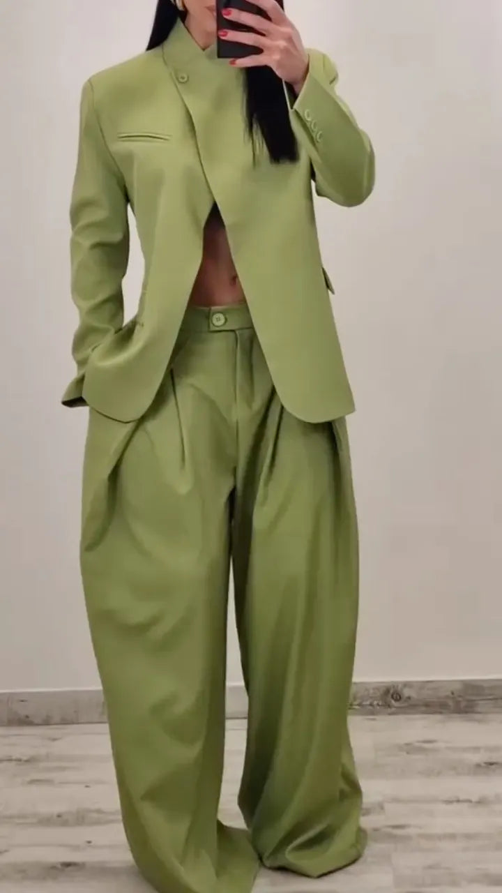 Women's Stand-Up Collar Slit Suit Casual Set