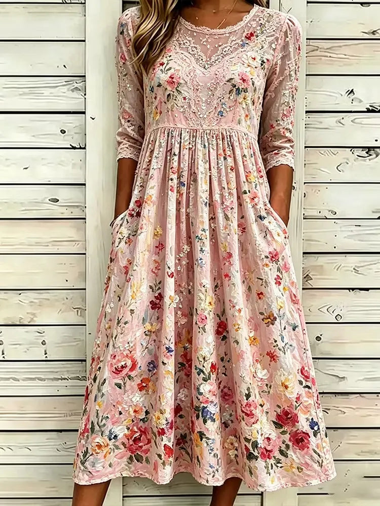 Women's Oil Painting Flower Lace Art Splicing Printed Cotton and Hemp Long Sleeve Dress