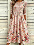 Women's Oil Painting Flower Lace Art Splicing Printed Cotton and Hemp Long Sleeve Dress