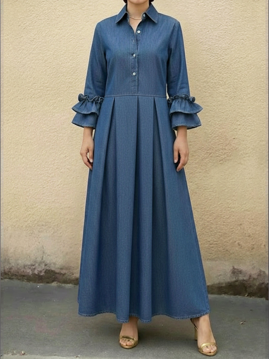 Women's Casual Denim Dress With Ruffled Sleeves