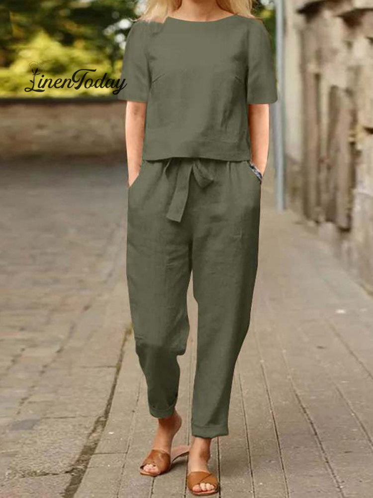 Cotton and Linen Summer Half-Sleeve Oversized Homewear Suit