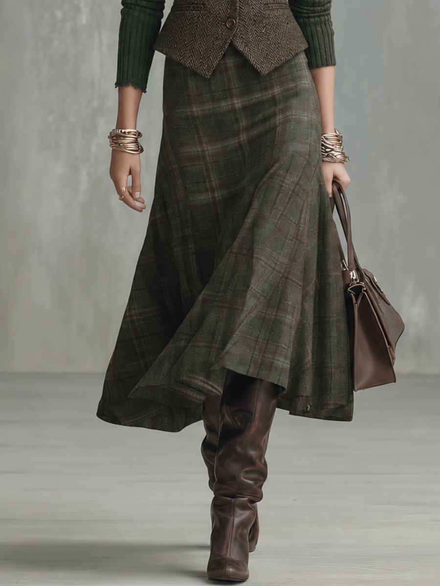 Plaid Midi Skirt & Knit Turtleneck Sweater Vest Two-Piece Set