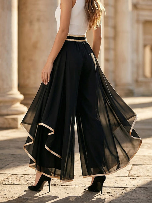 Stylish Gold-trimmed Flowy Chiffon Trousers