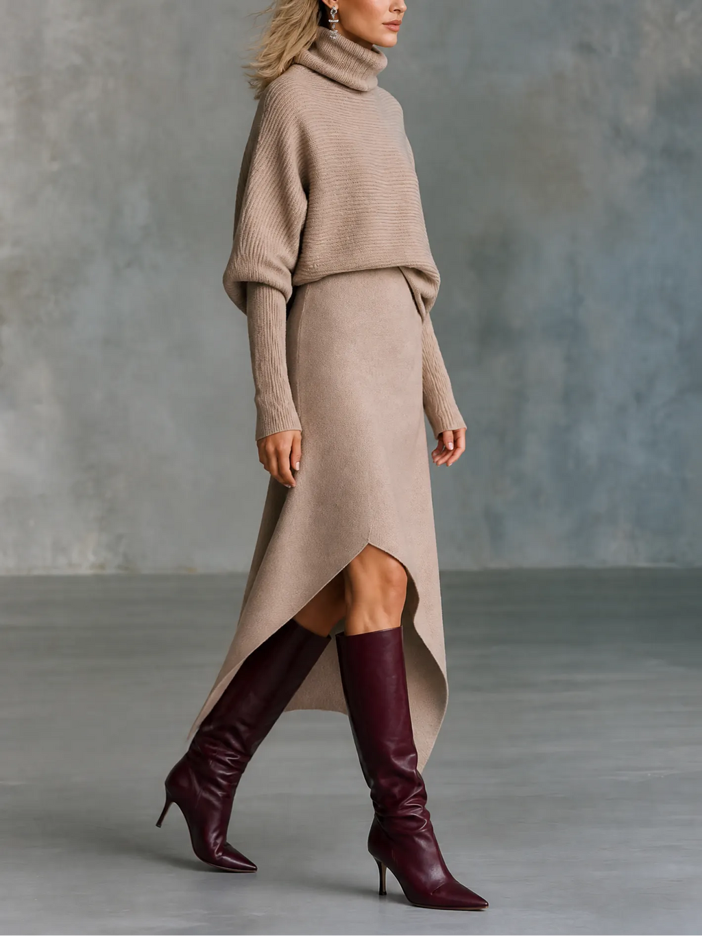 Turtleneck Batwing Sleeve Sweater & Asymmetric Hem Skirt Knit Two-Piece Set