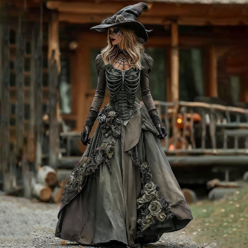 Vintage Witch Skull Rib Cage Rose Pattern Maxi Dress