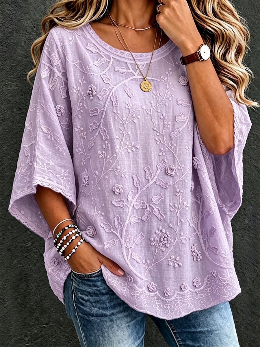 Women'S Cotton Linen Flower Casual Loose Top