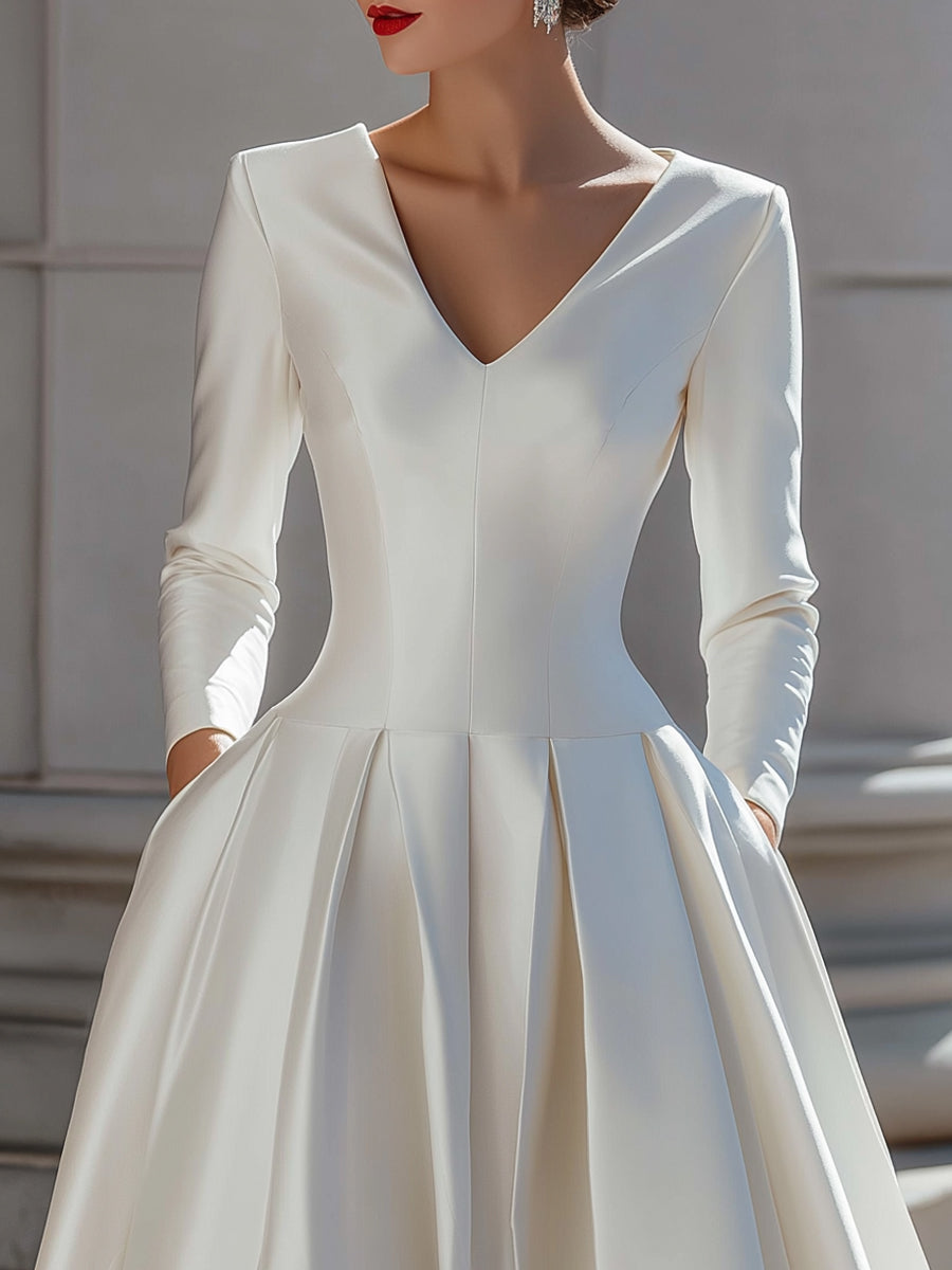 Elegant Satin V-Neck Pleated A-Line Midi Dress