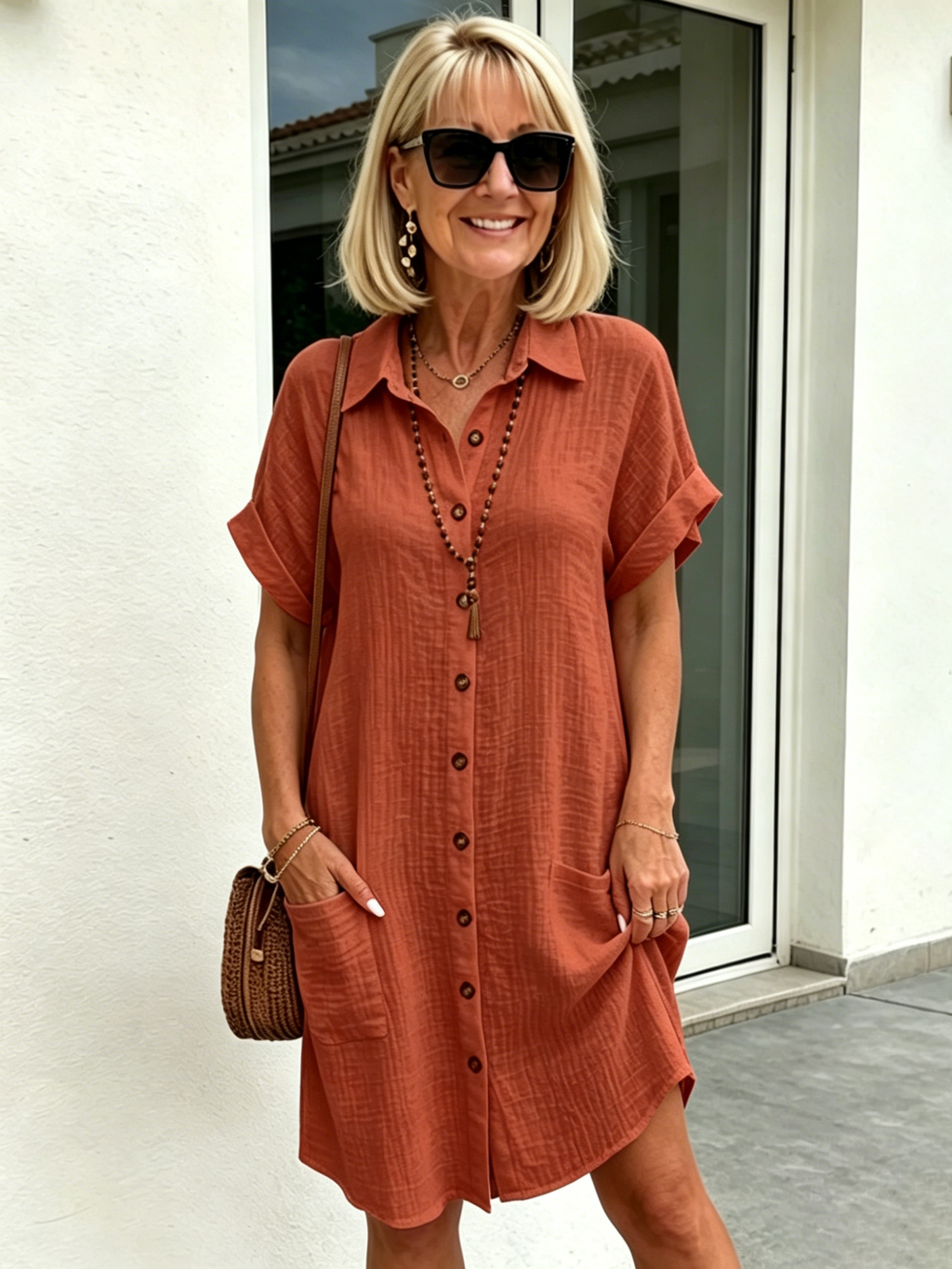 Solid Color Shirt Dress Simple, Made of Breathable, Featuring a Lapel Collar and Orderly Button Arrangement That Adds a Vintage Charm