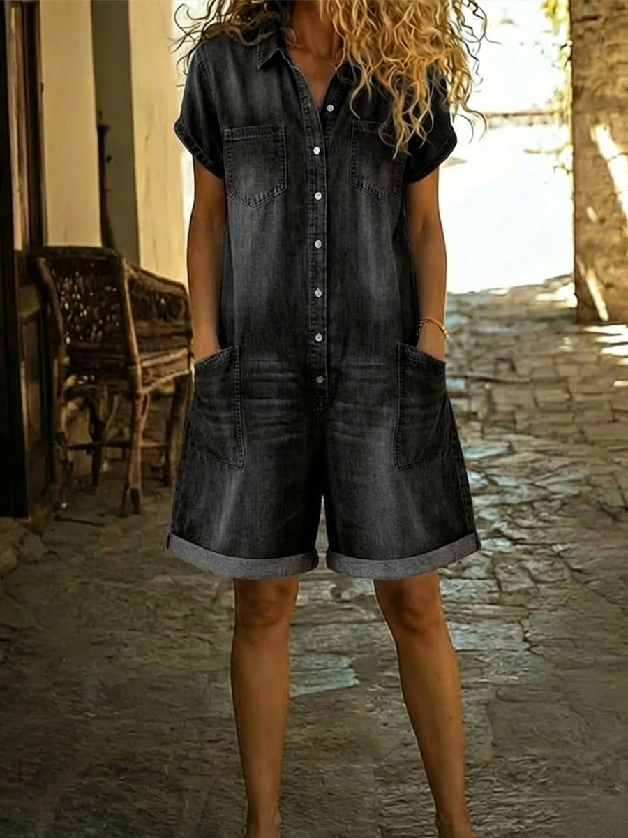 Women's Casual Cotton Denim Jumpsuit Shorts