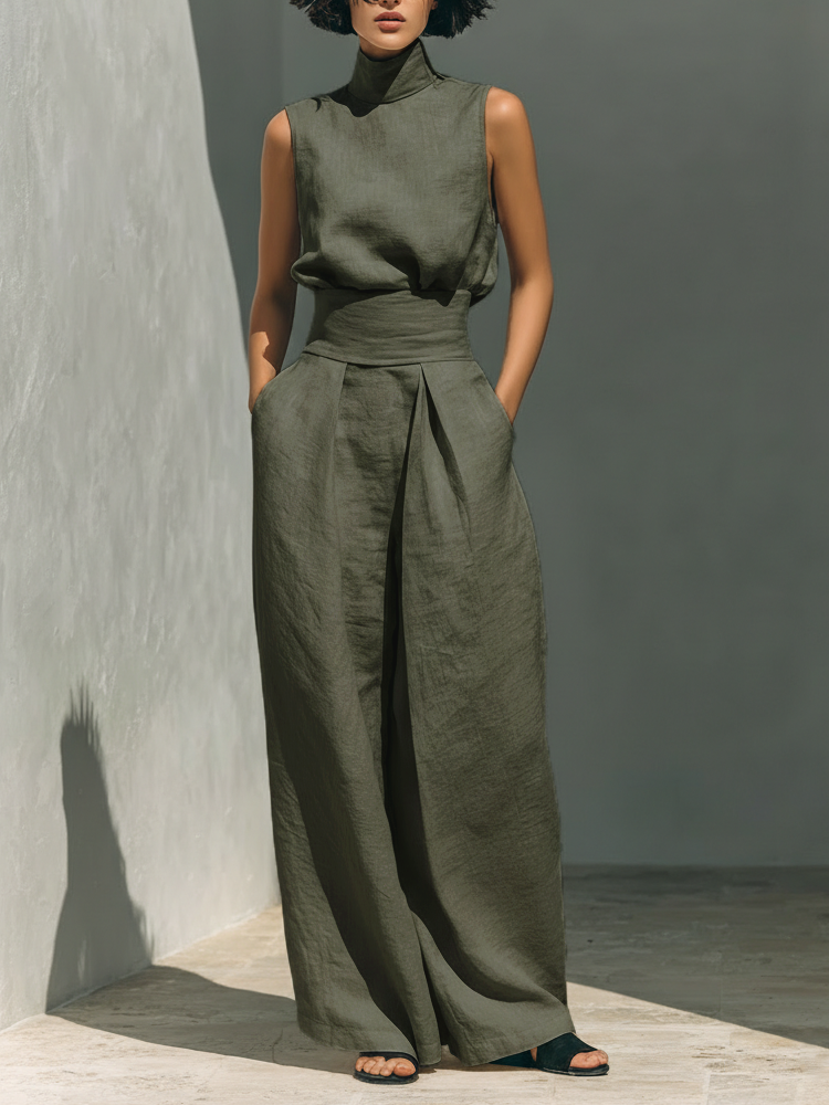 Elegant stand-collar shirt and wide-leg pants two-piece set