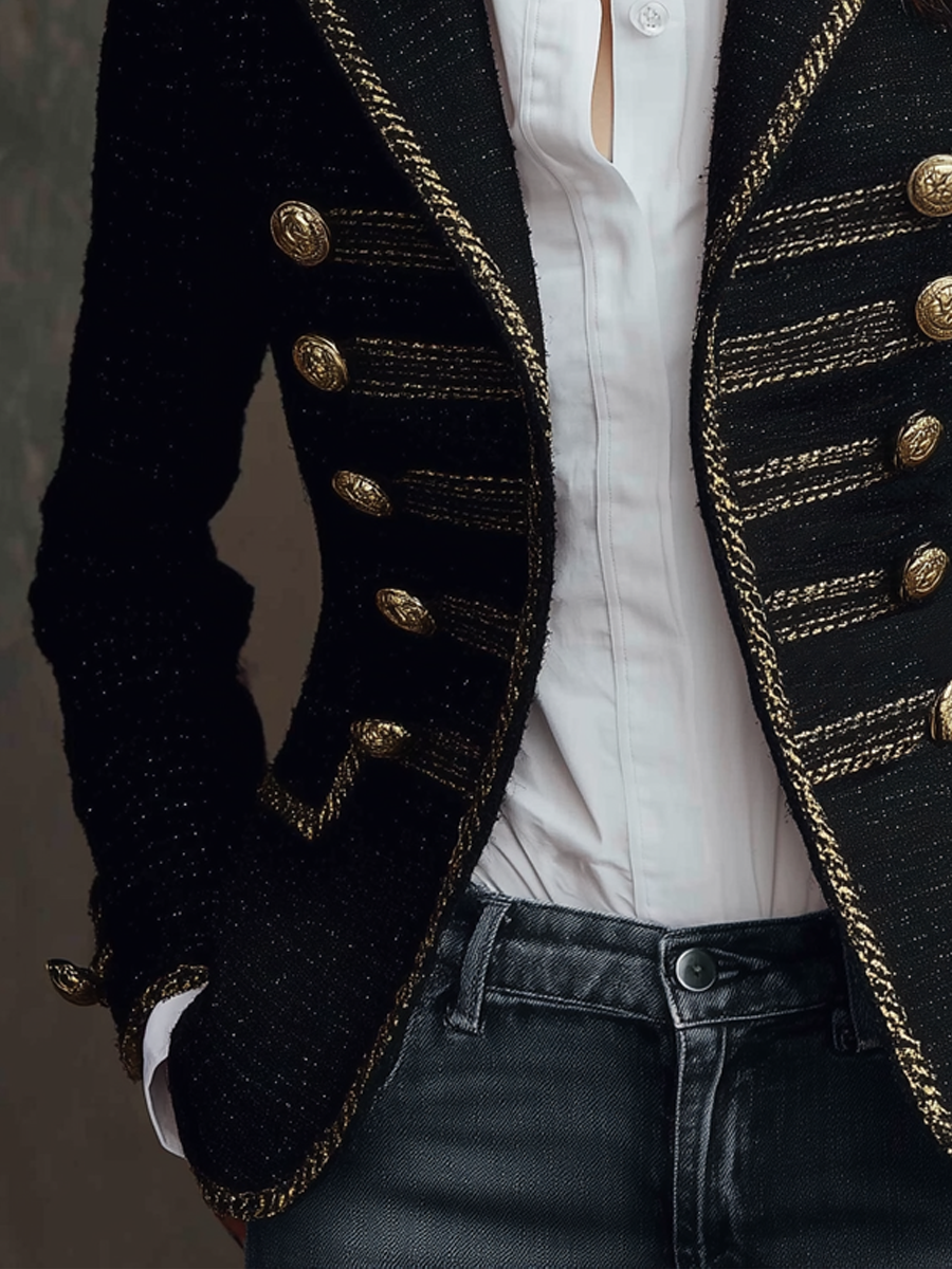 Chanel Style Metal Button Tweed Blazer