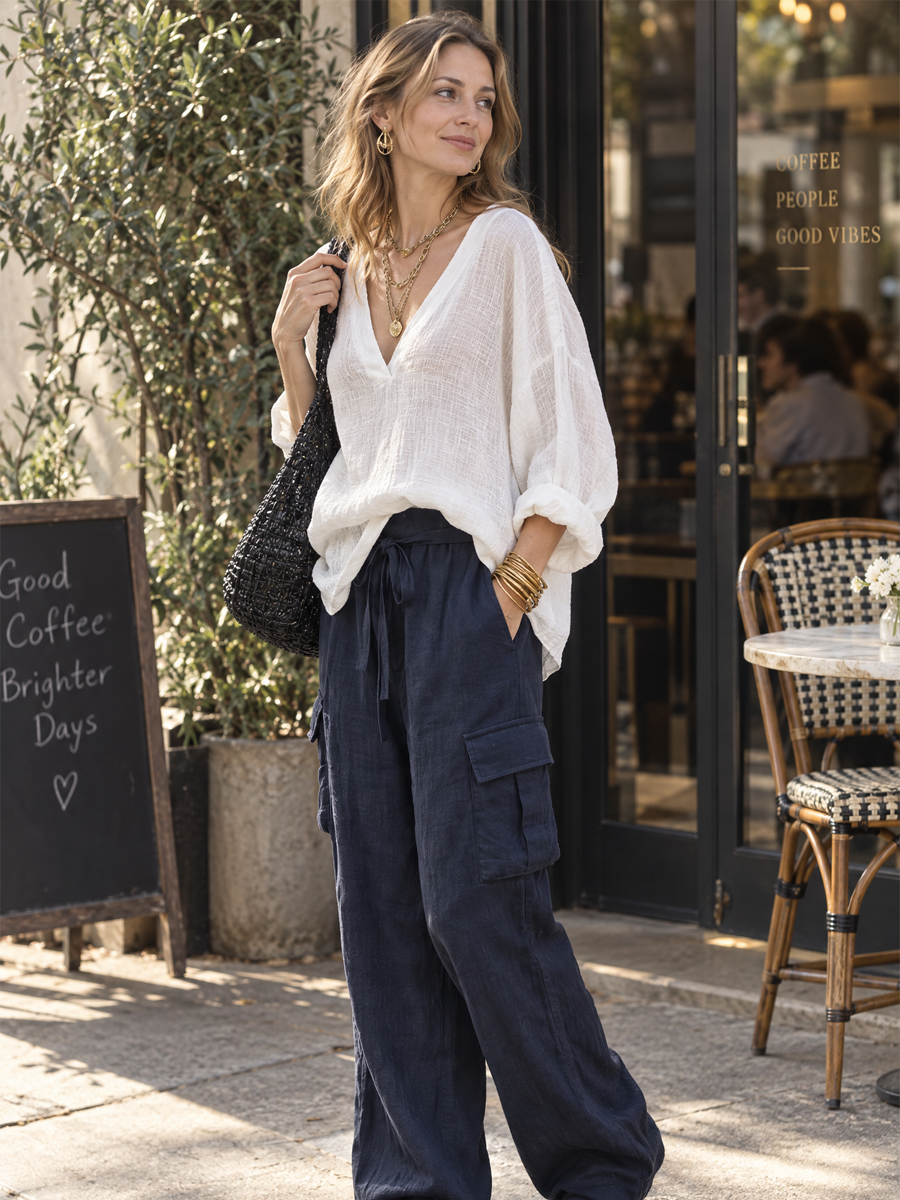 Ivory Natural Linen Shirt And Dark Blue Trousers Suit