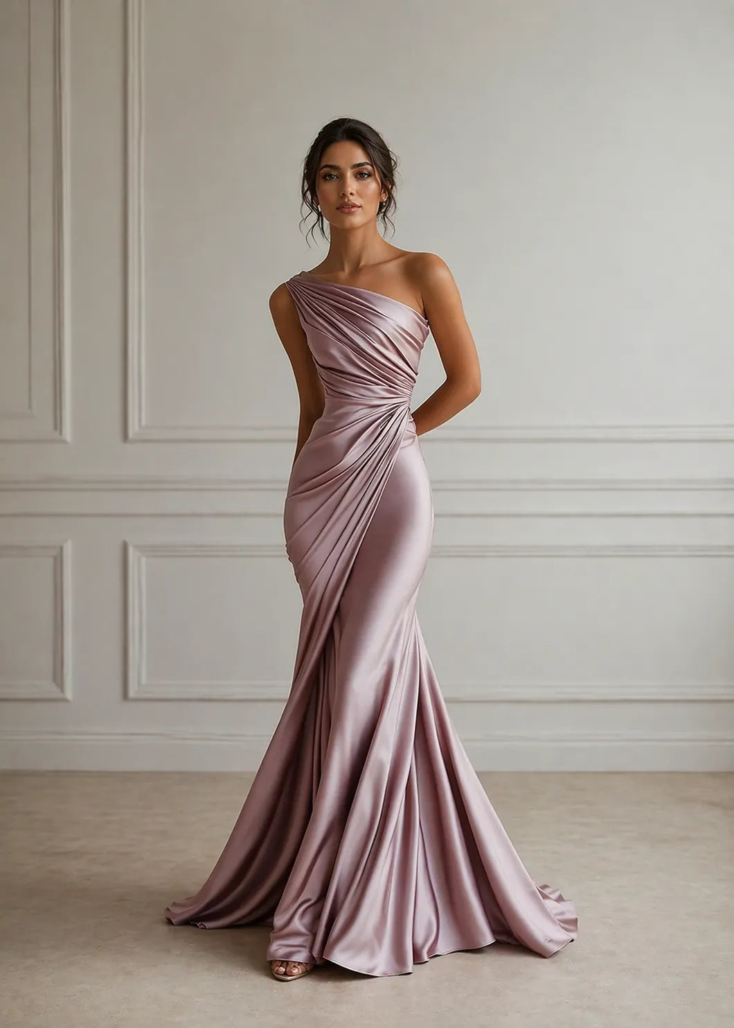 One Shoulder Ruched Satin Mermaid Gown