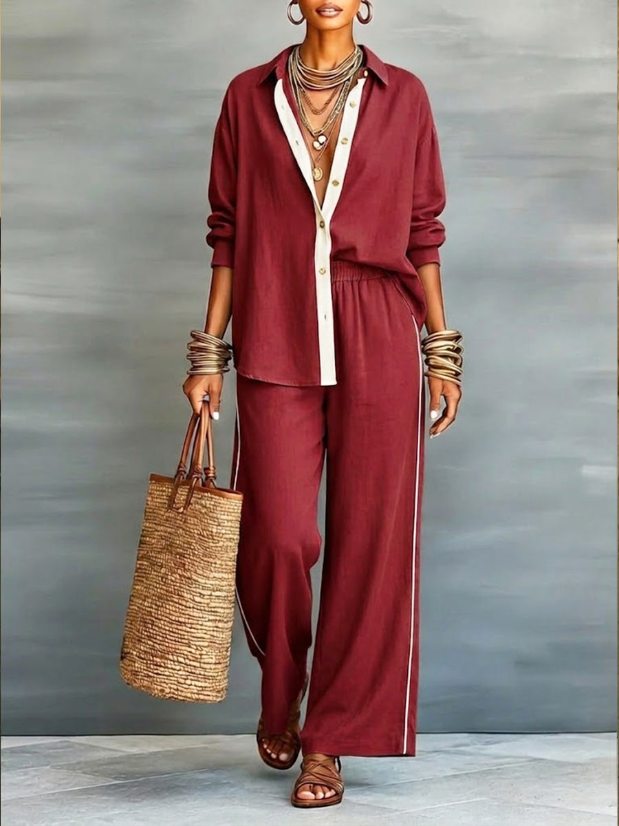 Casual Linen And Cotton Shirt And Wide-leg Pants Two-piece Set