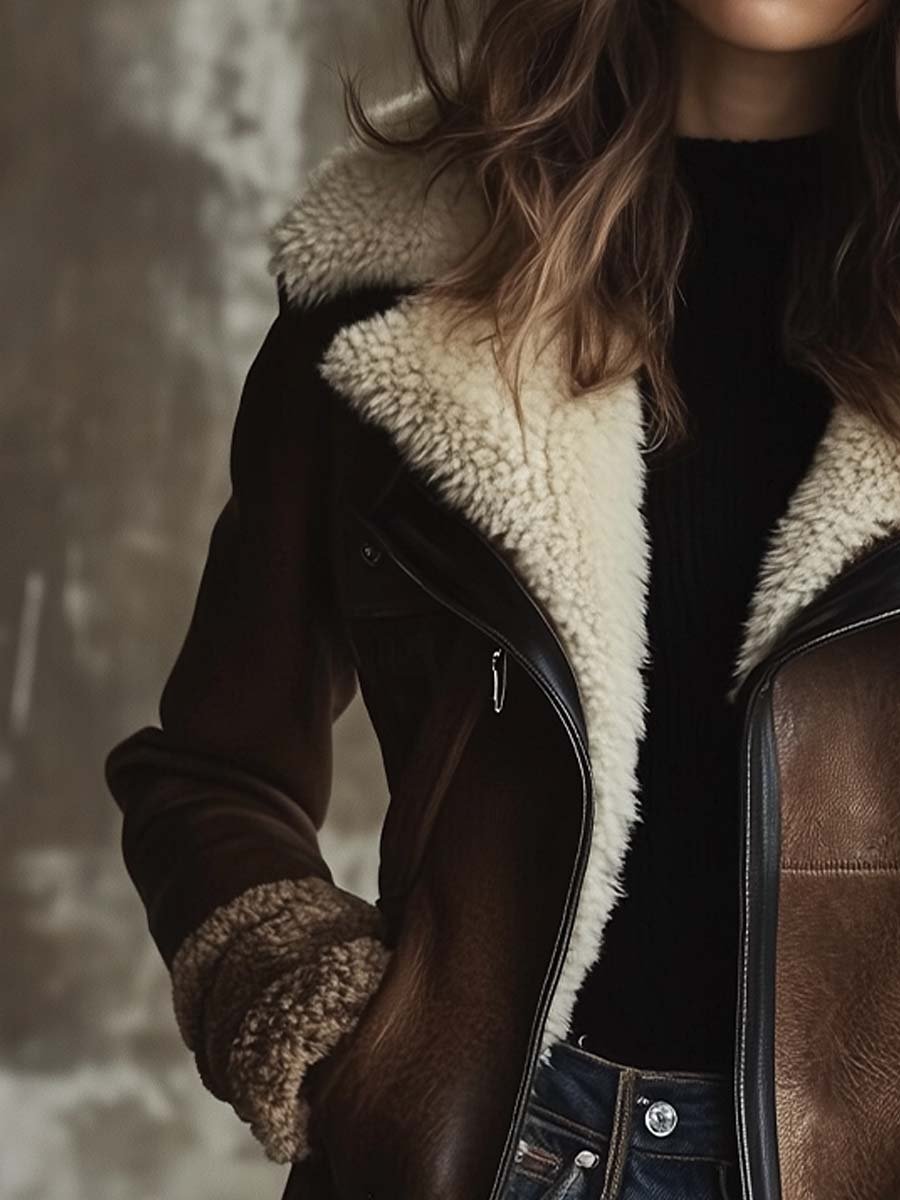 Women's Vintage Contrast Lambskin Collar Faux Leather Coat