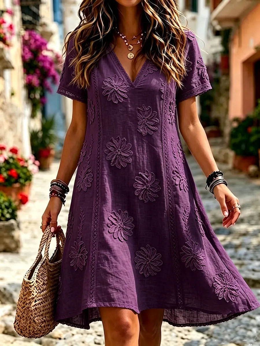 Women'S Cotton And Linen Casual Vacation Lace  Printed Dress