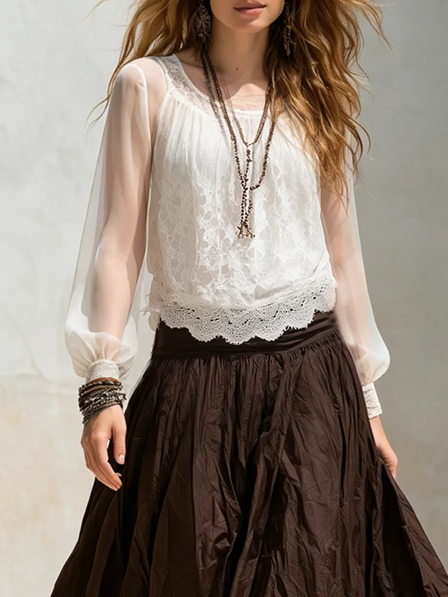 Bohemian Lace Chiffon Top And Brown Skirt Set