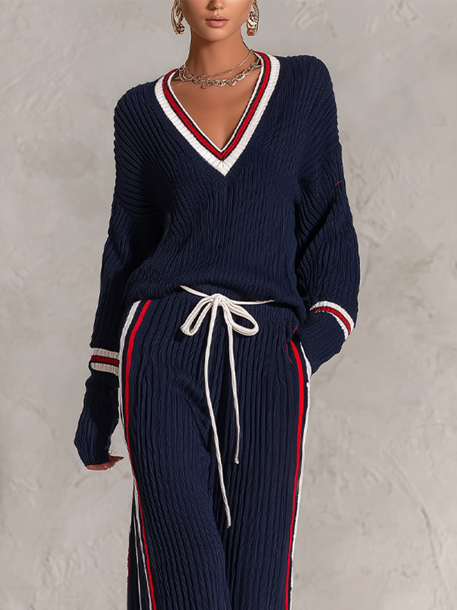 Relaxed Navy Varsity-Stripe Ribbed Knit Set