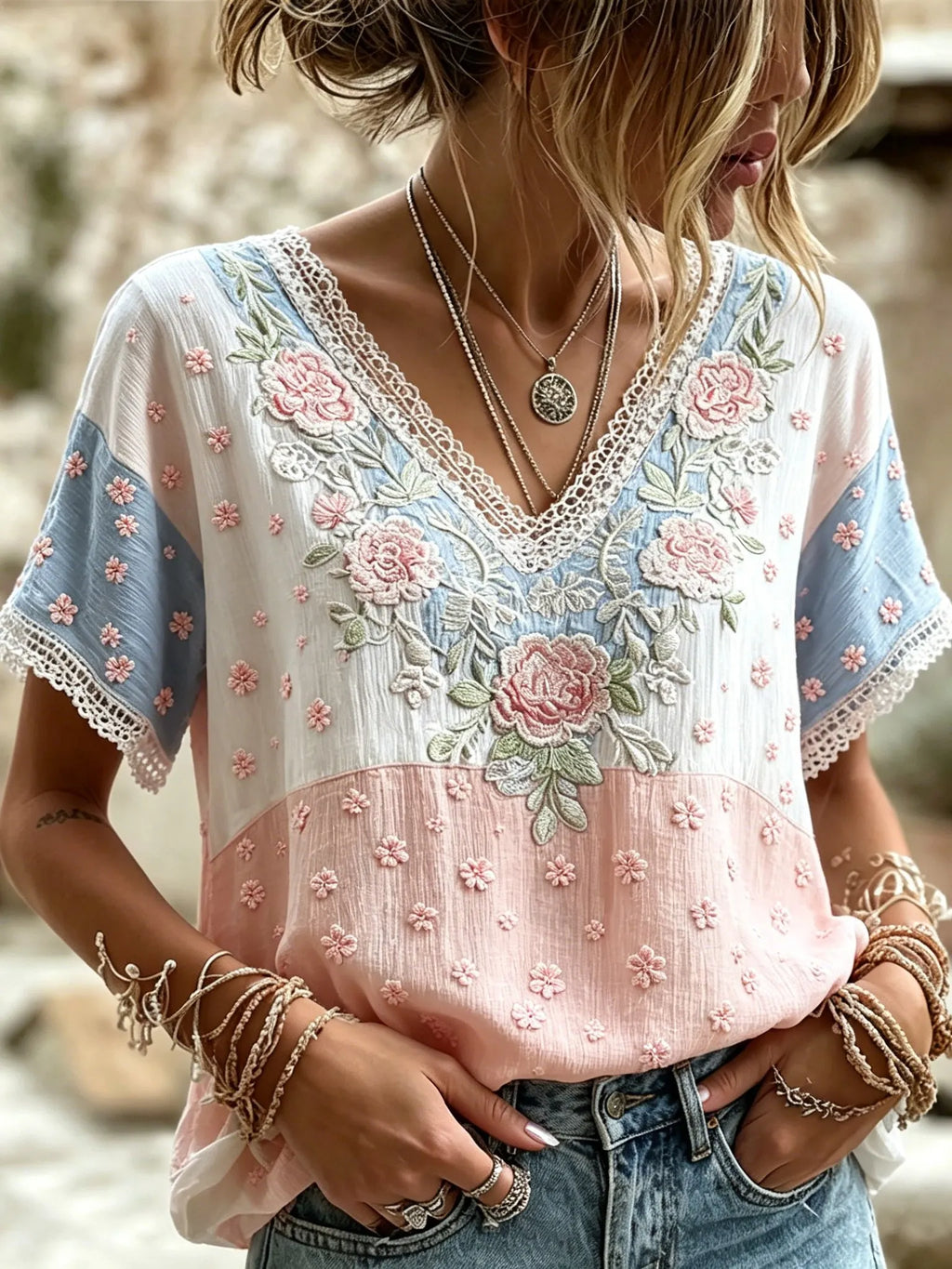 Women's Retro Bohemian Style Floral Print Color Block Cotton Linen Comfortable V-neck T-shirt