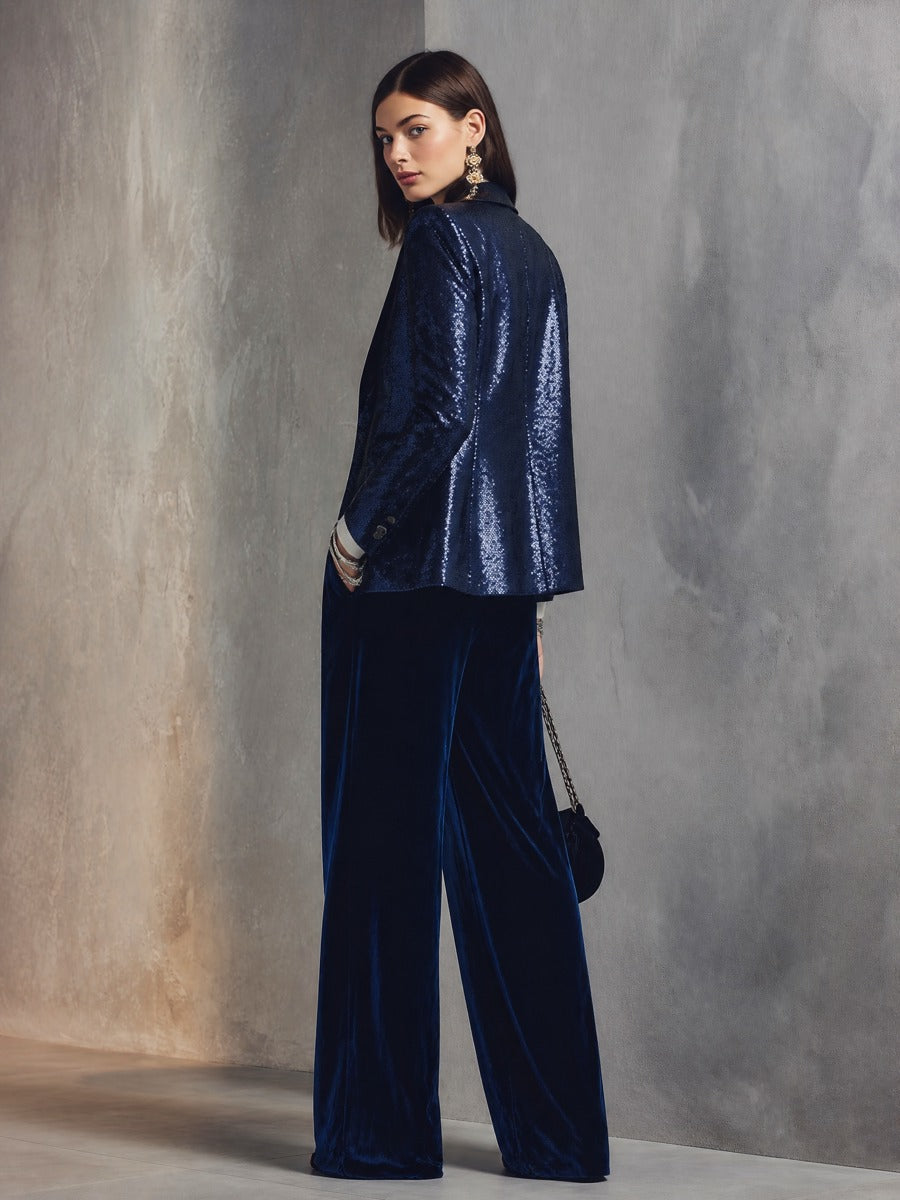 Sequin Blazer & Velvet Wide-Leg Pants Two-Piece Suit Set