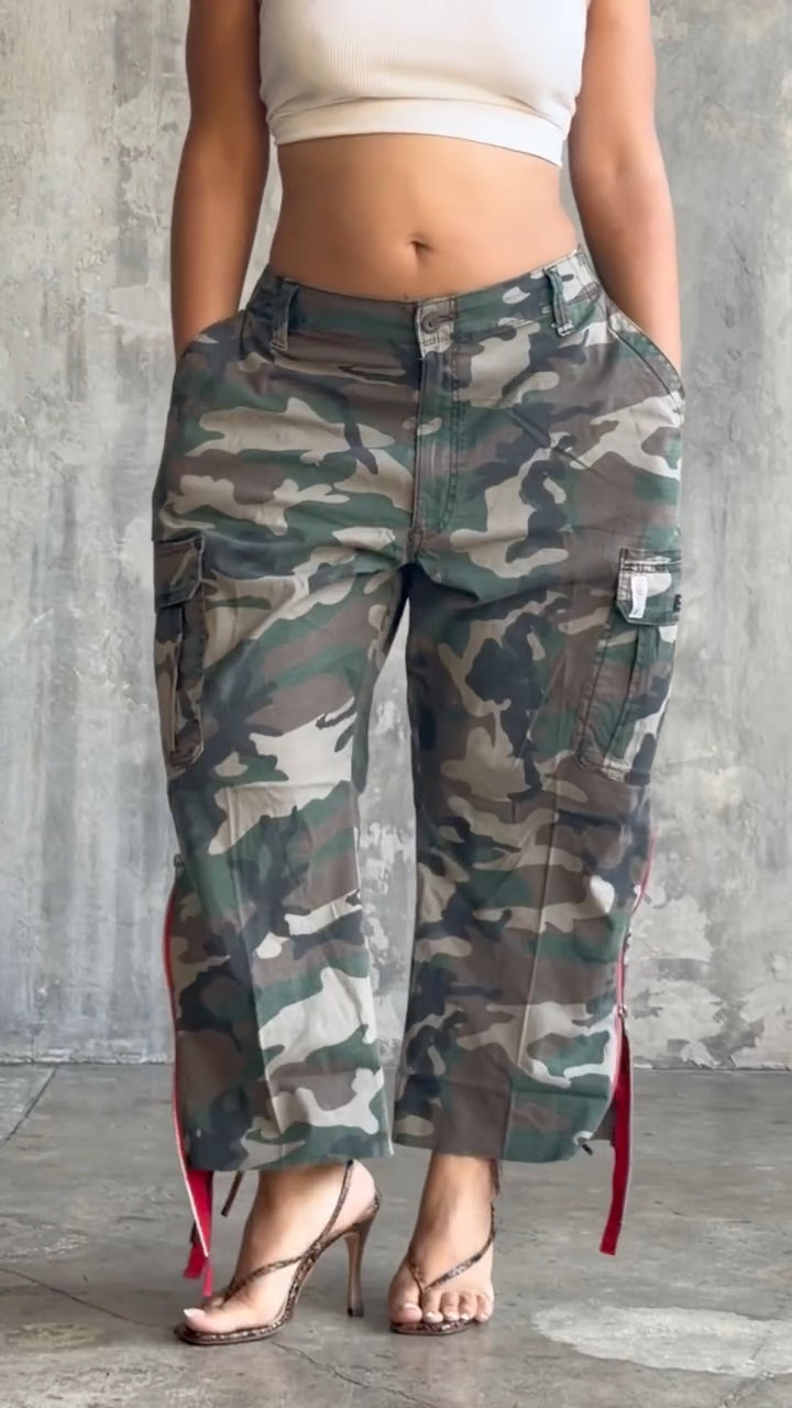 Women's Camouflage Red Strap Cargo Wide Leg Pants