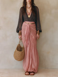 Boho Luxe Ensemble With Deep V Sheer Top & Flowing Pink Skirt ¨C Feminine Resort Style Maxi Skirt