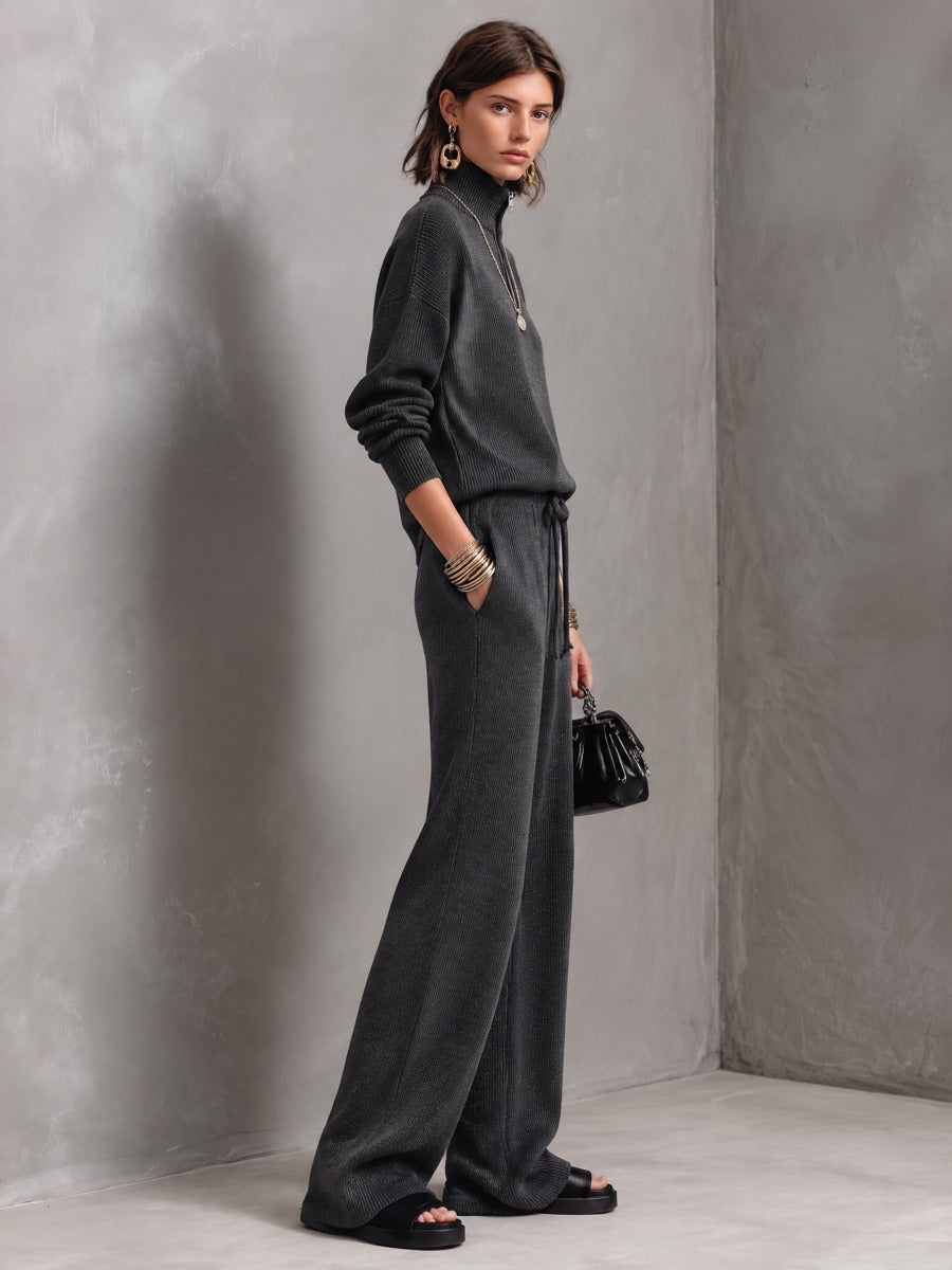 Ribbed Knit Half-Zip Sweater & Wide-Leg Pants Two-Piece Set
