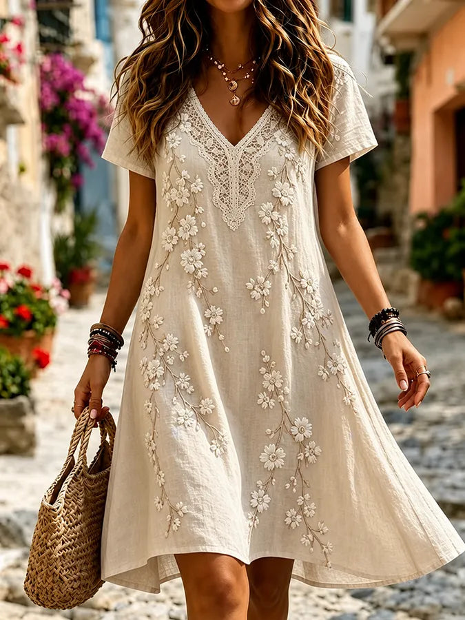 Women'S Plant Flower Art Linen Blended V-Neck Mini Dress