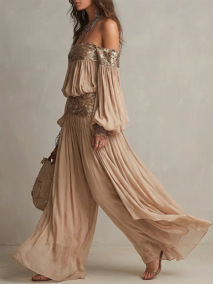 Bohemian Sequined Strapless Top And Wide Leg Pants Set