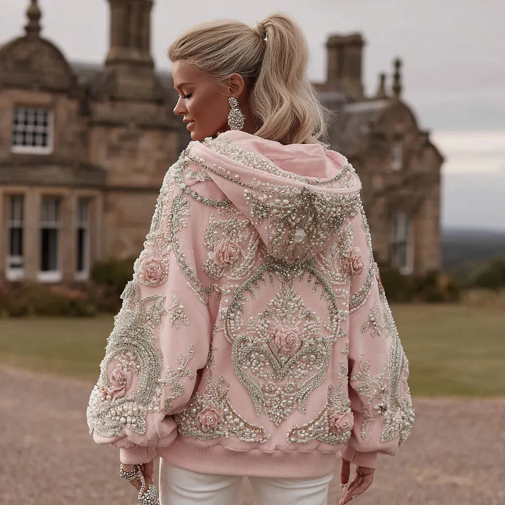 Women's Vintage Rose Embroidery Art Long Sleeve Hoodie