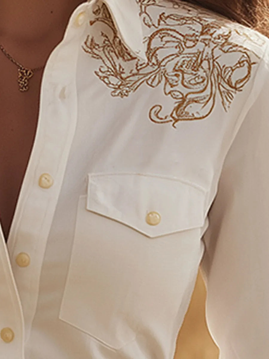 Western Retro Embroidered White Tencel Denim Shirt