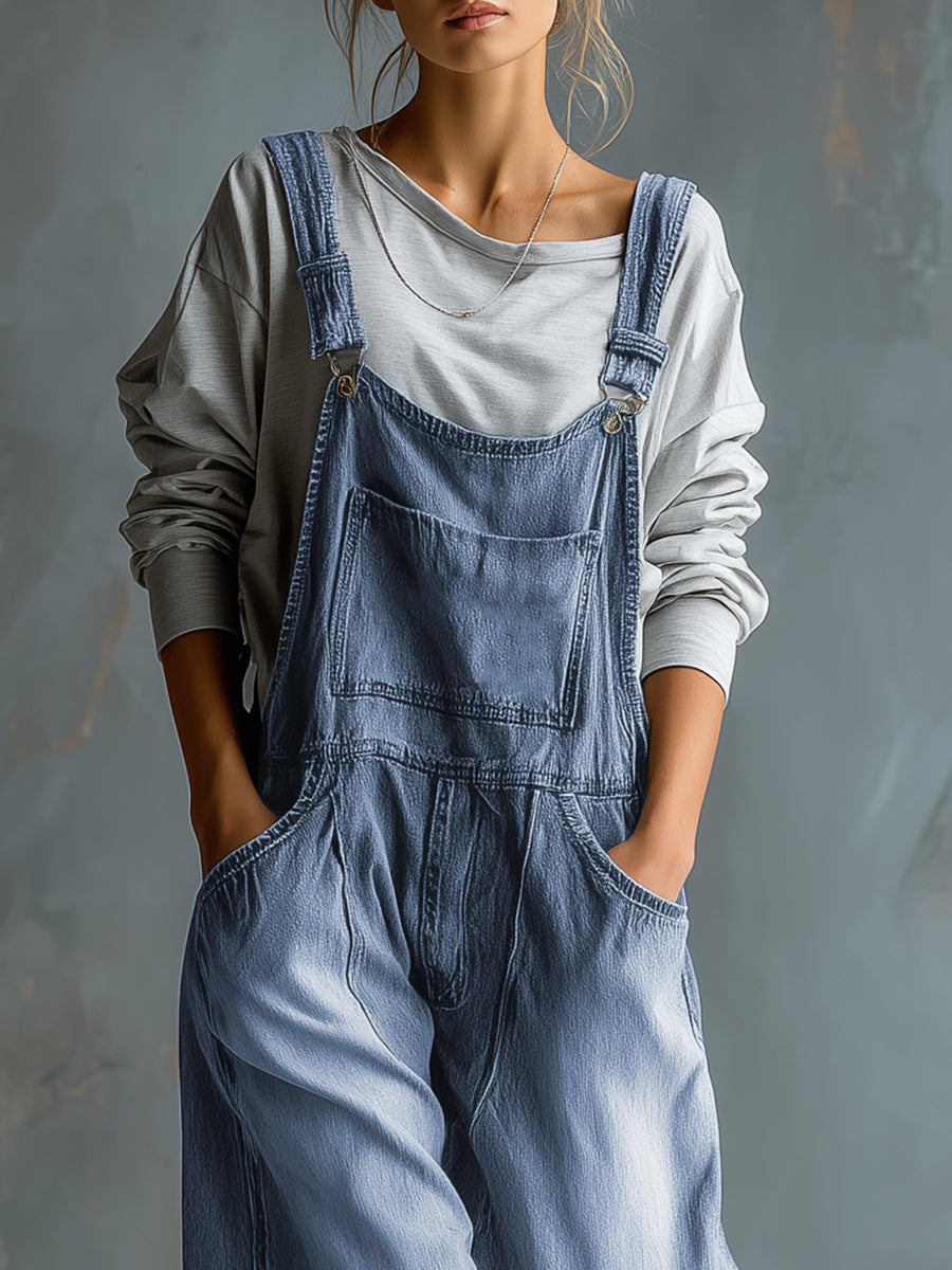 Casual Retro Washed Denim Blue Pocket Overalls