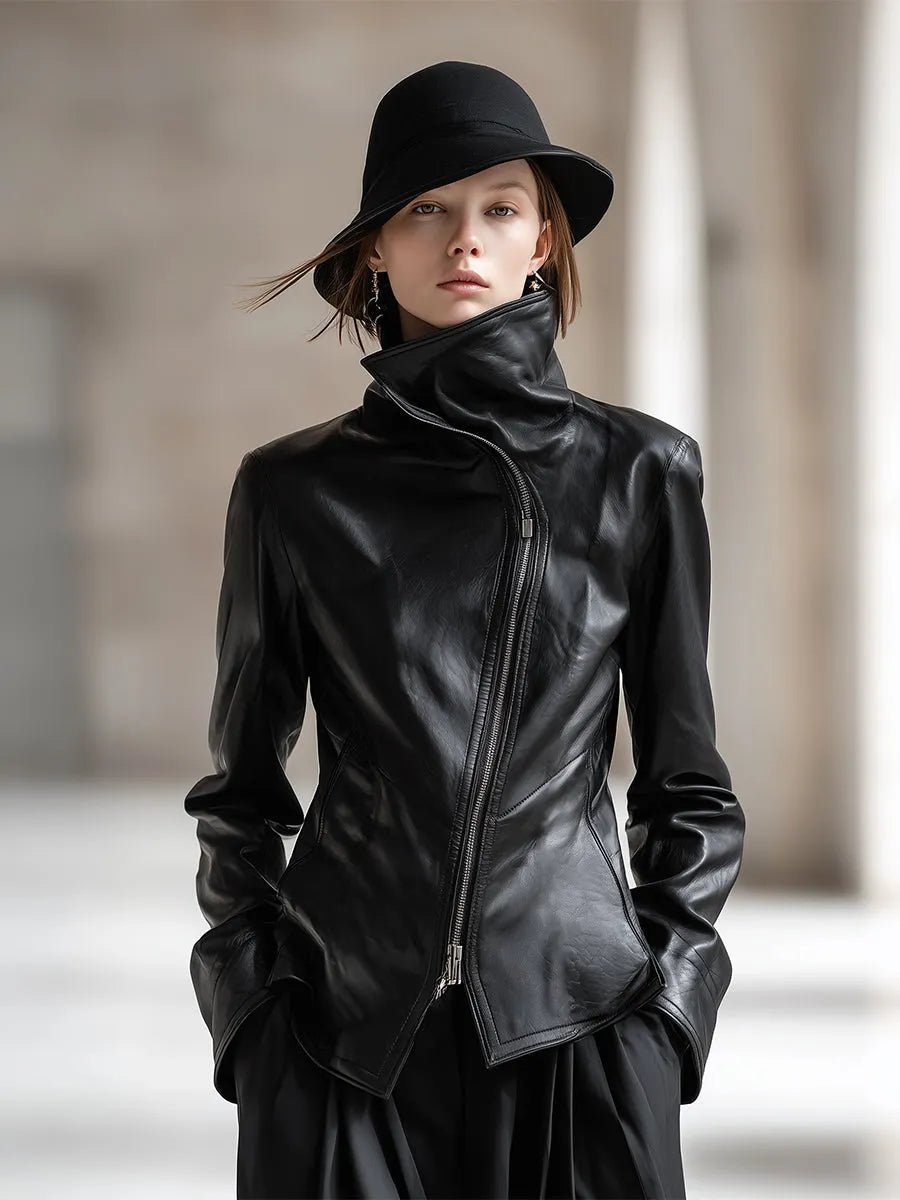 Personality And Fashion High Collar Oblique Zipper Black PU Jacket