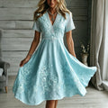 Women's Floral Art Embroidered Linen Blend V Neck Midi Dress