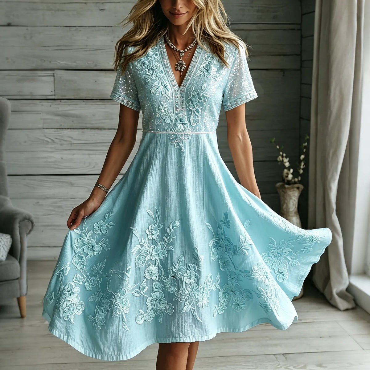 Women's Floral Art Embroidered Linen Blend V Neck Midi Dress