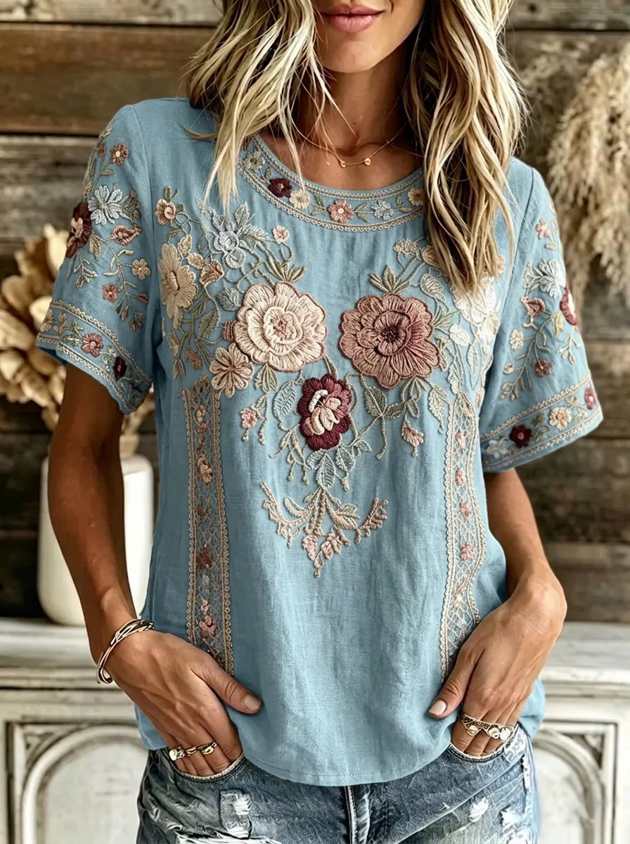 Women's Boho Floral Cotton Embroidered Printed T-shirt